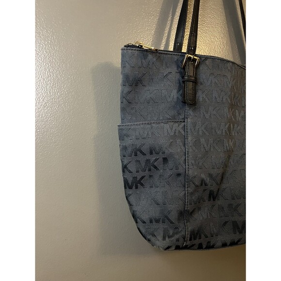 Michael Kors Tote Bag Womens Large Blue MK Monogram Shoulder Purse Handbag Zip - Picture 2 of 13